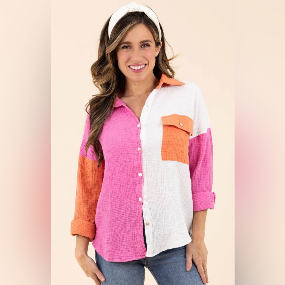 Pink Lily Colorblock Cotton Gauze Button Down Shirt - Size S